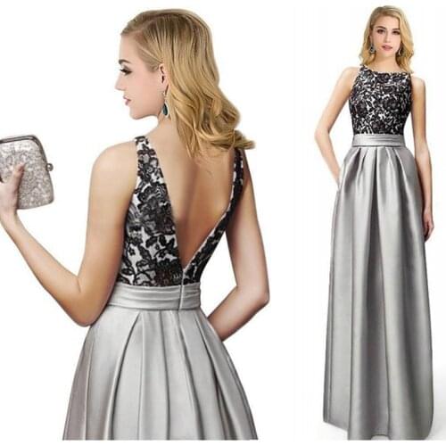 O-Neck Grey Satin Evening Dresses Lace Appliques A Line Formal Party Gowns Floor Length Robe De Soiree