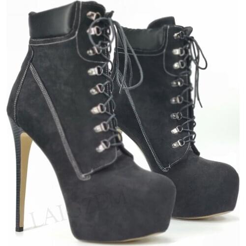 BERZIMER Ankle Boots Platfrom Round Toe Faux Suede Stiletto Heels Lace Up Booties Height Increase Shoes Woman Big Size 45 47 52
