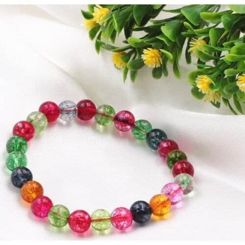 Multicolor Tourmaline Crystal Beads Bracelet Quartzs 8mm Stone Round Femme Strand Bracelets Bangle Elastic Jewelry 7.5inch A635