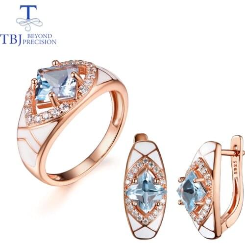 Natural sky blue topaz gemstone simple rings and earrings rose gold 925 sterling sliver set jewelry for girls engagement gift