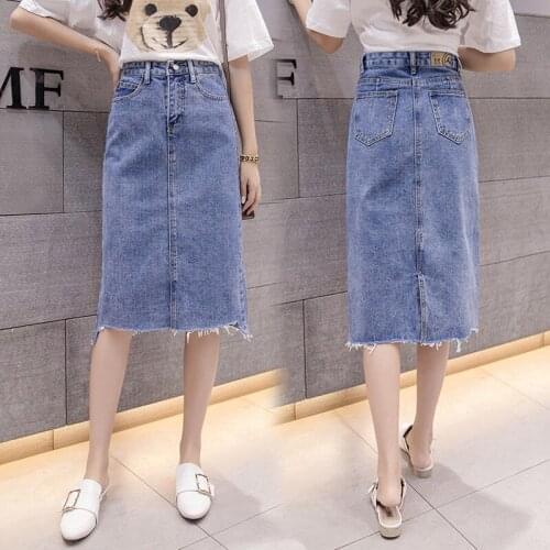 Summer women clothing denim fabric washed skirts split skirts knee length high waist slim women skirts cowboy solid color