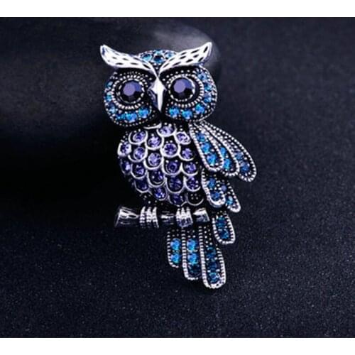 Fashion Owl Brooch Trendy Imitation Rhinestone Blue Brooch Badge Pins for Women Men Christmas Gifts