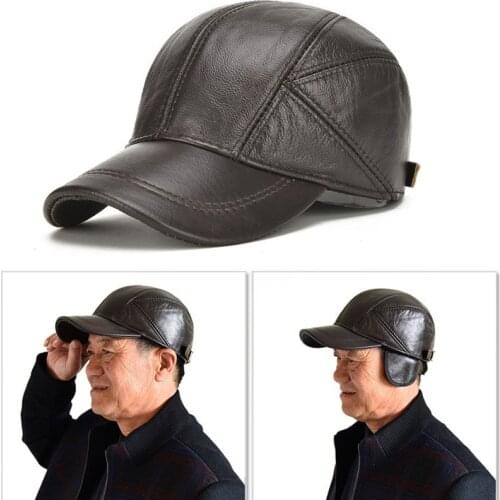Men Winter Warm Baseball Cap Genuine Leather Adjustable Hat with Ear Flaps JL