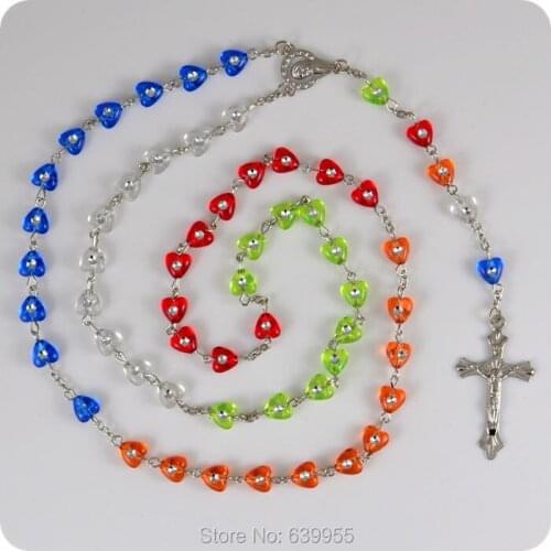 NEW Multi colors Heart Rosary Beads INRI JESUS Cross Crucifix Pendant Necklace Catholic Fashion Religious jewelry