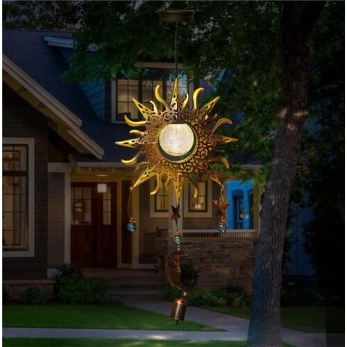 Hanging Solar Wind Chime Lamp Outdoor Sun Moon Star LED Pendant Light Crackle Glass Ball solar powered lamp Decorative Garden