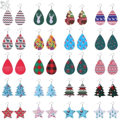 ZS 2pcs/lot Christmas Leather Drop Earring For Women Girls Xmas Hook Earrings Star Christmas Tree Dangle Party Accessories Gifts