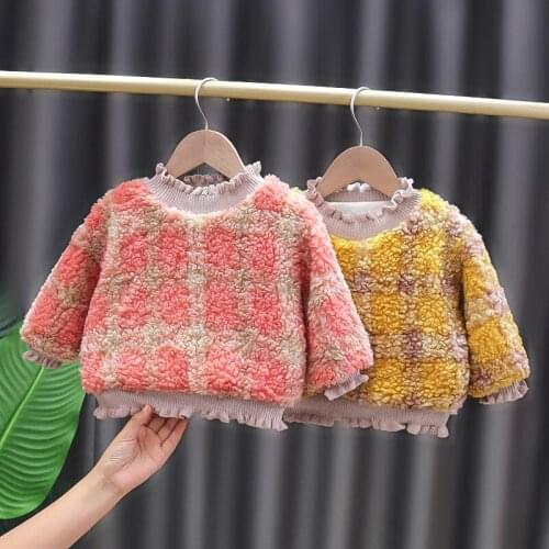 2 3 4 5 Y Toddler Girls Hoodies Winter New Kids Plus Velvet Thicken Sweatshirt Fashion Plaid Furry Warm Pullovers for Baby Girl
