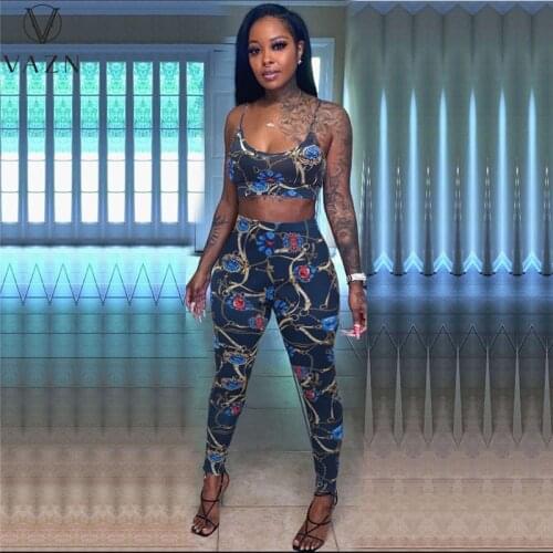 VAZN 2021 Top Quality High Street Sexy Young Bandage Sleeveless High Waist Long Pant Skinny Women 2 Piece Set