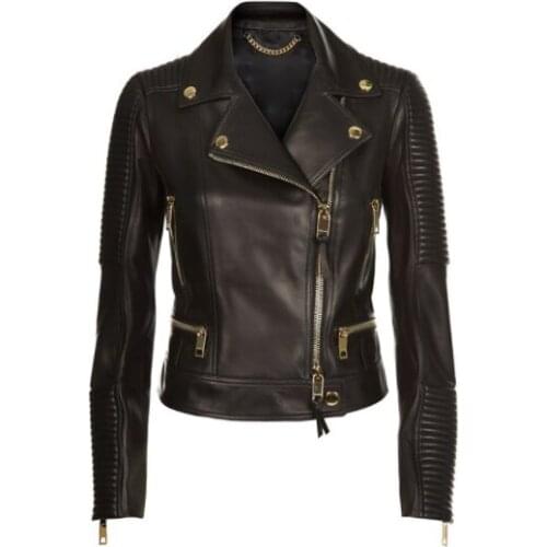 2021 Black Motorcycle Leather Jacket Women Turn-down Collar Diagonal Zipper Chic Short Womens Jackets