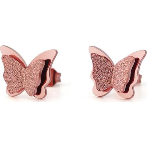 Alisouy Butterfly Earrings Rose Gold Color Stainless Steel Stud Earrings for Women Child Frosted Butterfly Cartilage Ear Studs