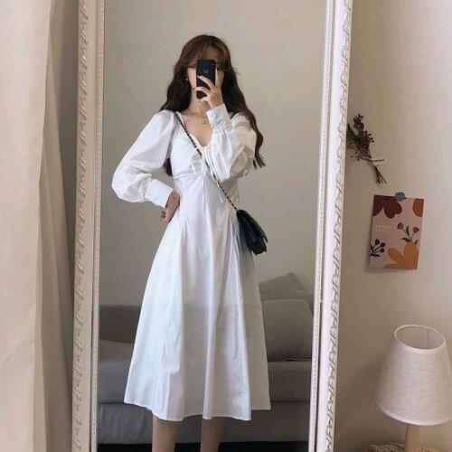 2021 NewWhite Long Sleeve Dress Women First love sweet and super fairy temperament V-neck Dress Drawstring RuchedParty Dress