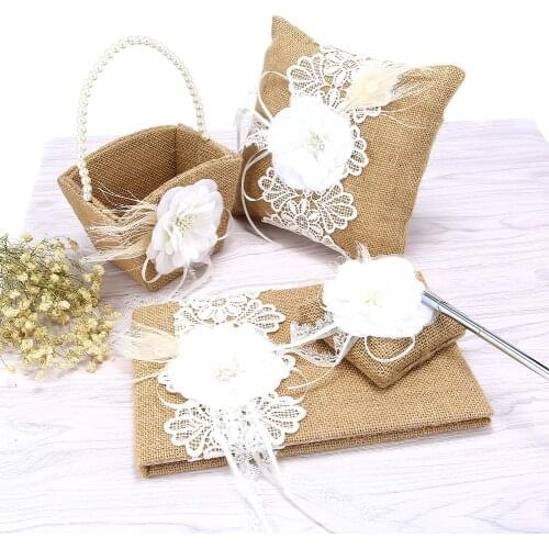 5 Pcs/ Set Burlap Wedding Guest Book+Pen+Pen Stand+Ring Pillow+Flower Basket Sets Decor Supplies AUG889