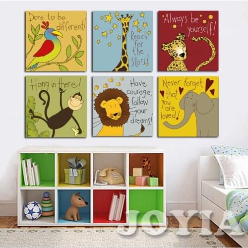 6 Pieces Modern Cartoon Animal Quotes Wall Pictures Kids Bedroom Baby Room Decor Prints Art Animation Canvas Painting Posters