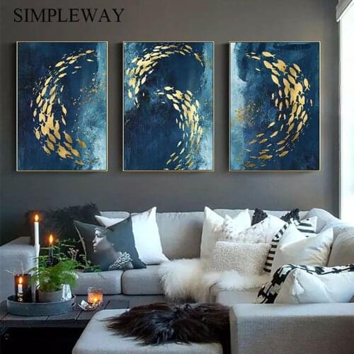Golden Fish Abstract Wall Poster Modern Style Canvas Print Painting Contemporary Art Living Room Entrance Decoration Picture