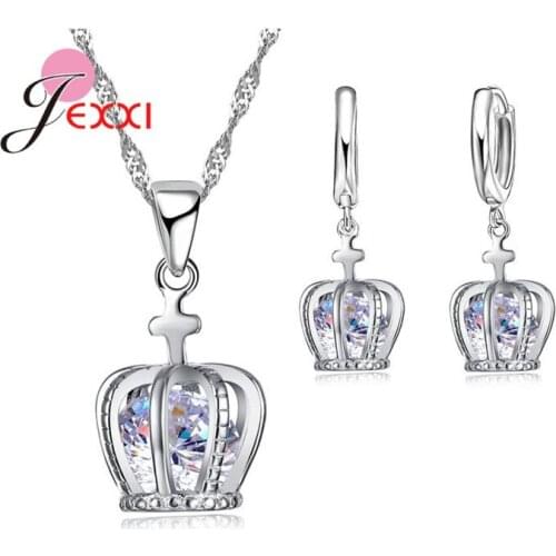 Free ship New Jewelry Set 925 Sterling Silver Cross Crown Pendant Necklace Korea Lever Back Earring Woman Gift