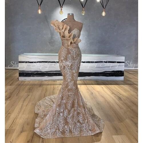 Glitter Long Champagne Women Evening Dress 2020 One Shoulder Silver Sequin Mermaid African Formal Party Ladies Gowns