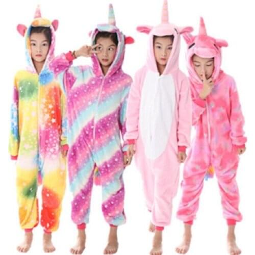 Children Flannel One-Piece Pajamas Girls Rainbow Unicorn Hooded Bath Robe Parent-Child Clothing Pyjamas Nightgown Kids Sleepwear