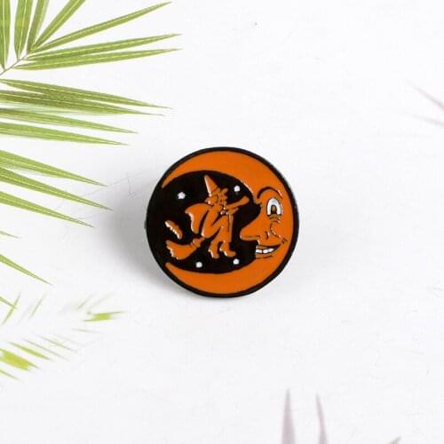 Cartoon round moon witch riding a broom enamel brooch Halloween Horror Creative Badge As a Halloween gift to a friend