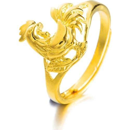 Pure 24K gold rings for women ladies Chinese style chicken Zodiac ring jewelry 12 Zodiac cock style lucky rings for women