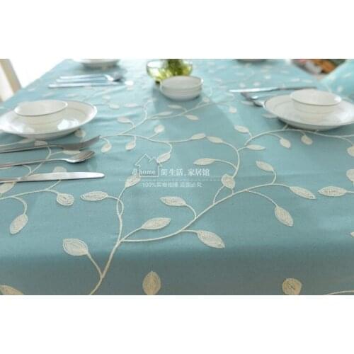 Floral Countryside Embroidery round tablecloth fabric sky blue round table cloth cover rectangle pastoral leaves natural