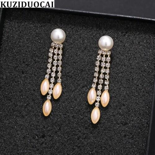Kuziduocai New Fashion Jewelry Will Not Fade Zircon Pearl Droplet Tassel Statement Drop Earrings For Women Pendientes E-1755