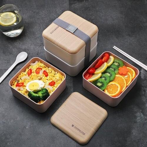 Microwave Oven Lunch Box Wooden Line Dish and Cutlery Food Storage Container for Children School Kids Office Bento Box Portable