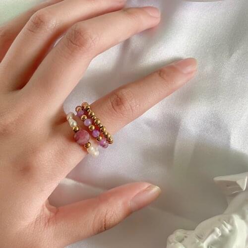 2021 New Freshwater Pearl Ring Set Green Natural Stone Purple Stainless Steel Bead Ring for Women Girls Birthday Gifts