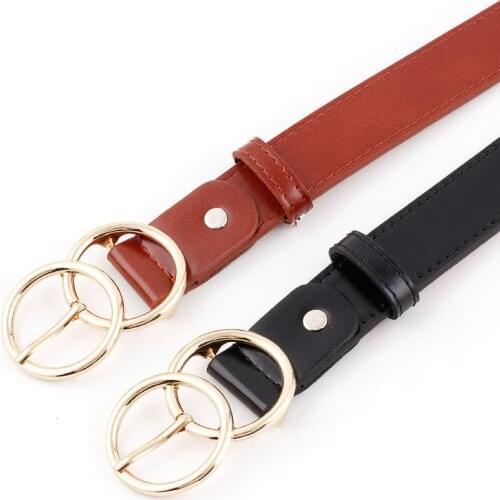 New Pattern Casual Eyelets PU Leather Belt For Women Female Gold Round Pin Buckle Wide Jean Waist Belt Double Loop Pin Buckle