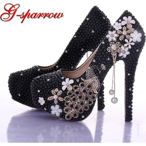 New Arrival Black Pearl Bridal Shoes Crystal Peacock Tassel High-heeled Platform Shoes Gorgeous Formal Dress Wedding Shoes