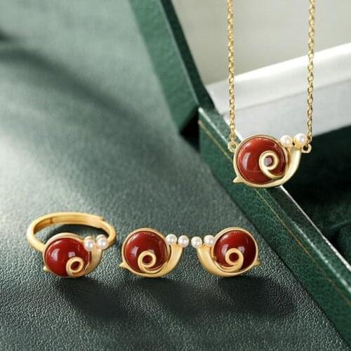 Original S925 Sterling Silver Tibetan Style Southern Red Agate Personality Snail Ladies Ear Studs Earrings Gold Plated Ring Rin