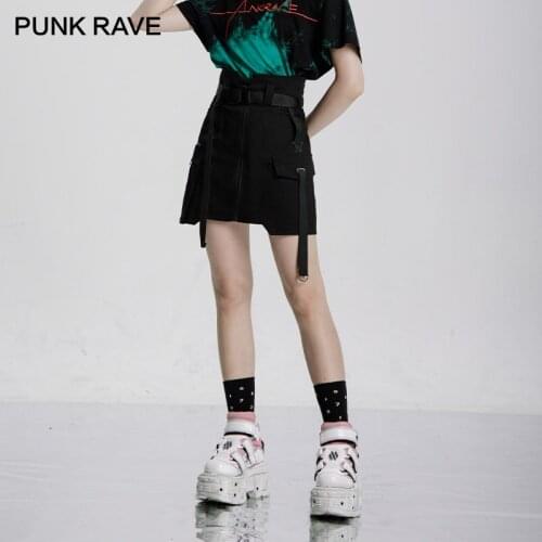 PUNK RAVE Girls Punk Handsome Summer Retro High Waist Slim Skirt A-line All-match Sexy Short Skirt Women Pocket Decoration