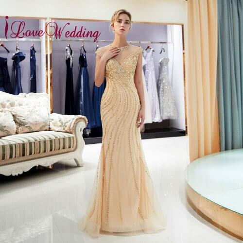 ILoveWedding Luxury Crystal Beadings Cap Sleeves Sheer Neck Custom made Tulle Mermaid Formal Prom Dresses