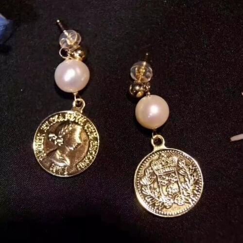 Natural Fresh Water Pearl Drop-Earrings ,original design for lady gift earrings,Gold coin with different patterns on both side
