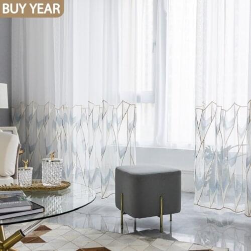 Nordic Curtains for Living Dining Room Bedroom Exquisite Embroidery Gold Silk Geometric Yarn Window Tulle French Window