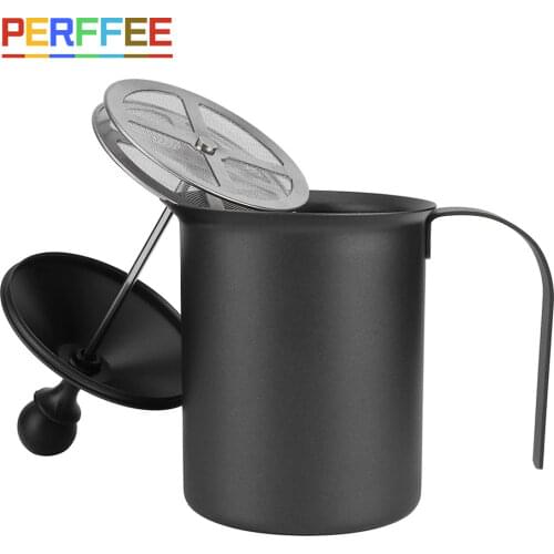 Manual Milk Frother Non-stick Stainless Steel Hand Pump Creamer Double Mesh Coffee Milk Frothing Pitcher Jug Black 400/800 ML