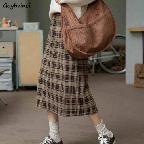 Skirts Women Retro Preppy Style Vintage New Mid-calf Elastic Waist Plaids Students All-match Casual Simple Harajuku Teen Popular