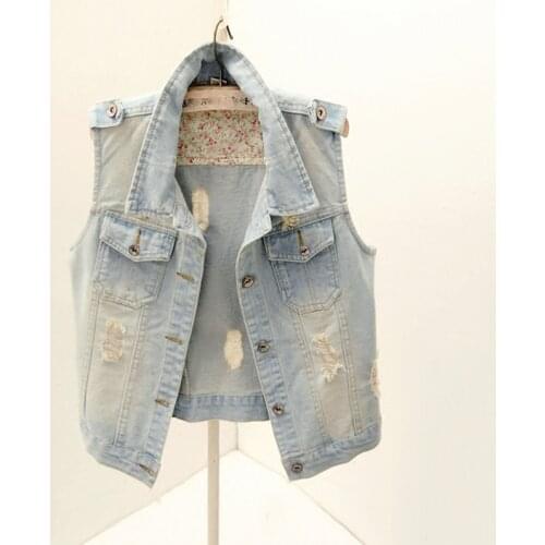 Womens Sleeveless Vest Summer Denim Waistcoat Fashion Casual Short Jeans Jacket Beaded Holes Slim Outerwear Plus Size S-6XL