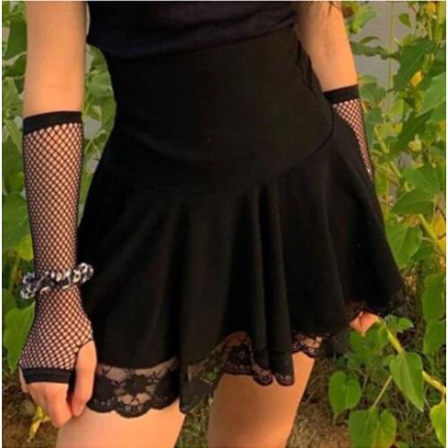 2021 Women A-Line Skirt Gothic Black Lace Edge High Waist Pleated Punk Style Vintage Party Sexy Ladies Mini Clubwear