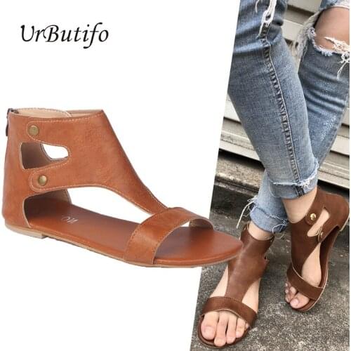 UrButifo Gladiator Sandals Women Soft Leather Summer Beach Shoes Roman Flats Plus Size Zip Women Sandals 2019 Sandale Femme