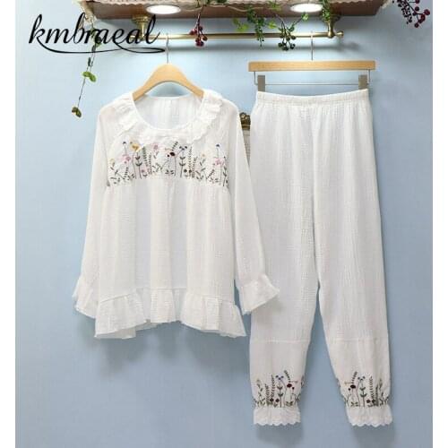 Womens Pajamas Suit Cotton Crepe Spring Autumn Embroidery Sleepwear Casual Long-sleeved Trousers Homewear 2 Piece Set Winter