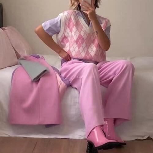 Womens Teen Girls Argyle Sweater Vest Long Sleeve Retro Plaid Knitted Streetwear Preppy Style V Neck Chunky Sweaters Shirts