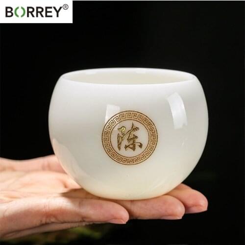 BORREY 1pcs High-end Suet Jade Cup White Porcelain Tea Coffee Cup Traditional Chinese Style Tea Set Ceramic Kung Fu Tea Cup Gift