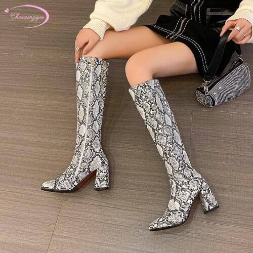Nightclub style round toe ankle boots knee-high boots fashion zipper serpentine plaid high heel thick riding boots womens shoes