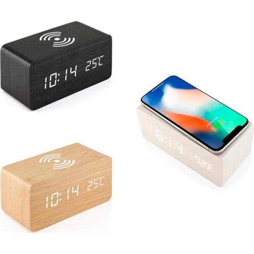 Wooden Alarm Clock With Qi Wireless Charging Pad Compatible With For Iphone Samsung Wood Led Digital Clock Sound Control Functio