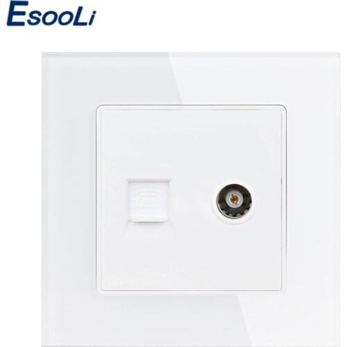 Esooli White Luxury Crystal Glass Panel 1 Gang RJ11 2 Core Telephone With Female TV Outlet Wall Socket