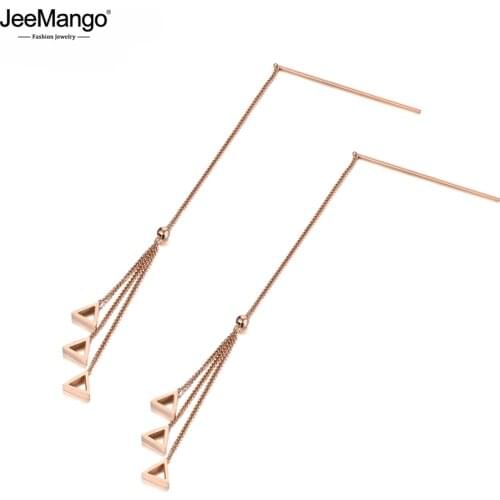 JeeMango Trendy Titanium Steel Geometric Triangle Long Tassel Earrings For Women Bohemia Beach Dangle Earrings Jewelry JE19190