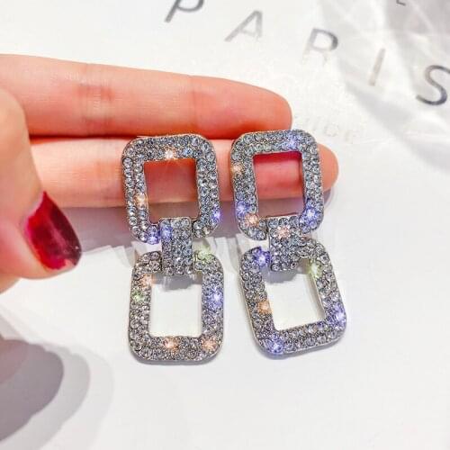 Classic 2 layers Block Women Earrings Pendants Full Rhinestone Shining Golden Silvery Luxurious Wedding Party Ear nail
