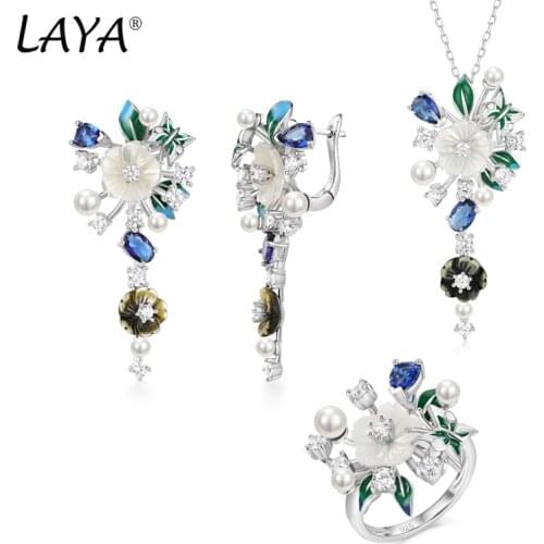 Laya 925 Sterling Silver Natural Shell Flower Green Leaf Enamel High Quality Zircon Earrings Ring Necklace Sets For Women