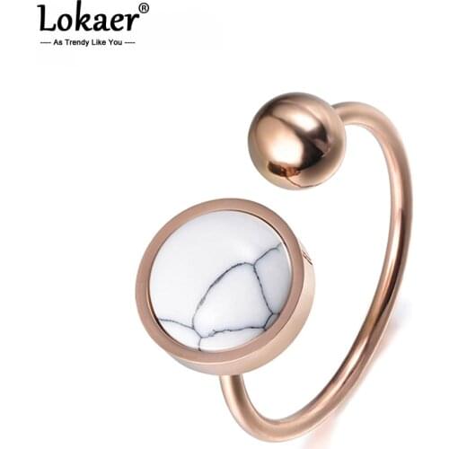 Lokaer Trendy Jewelry Ring Round Shape White Magnesite Rose Gold Color Titanium Steel Anniversary Rings For Women Anillos R17054