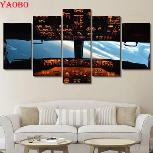 5 Pcs Modern Wall Art Diamond Painting Cross Stitch Aircraft Cockpit Picture full square round diy 5d Mosaic diamond embroidery